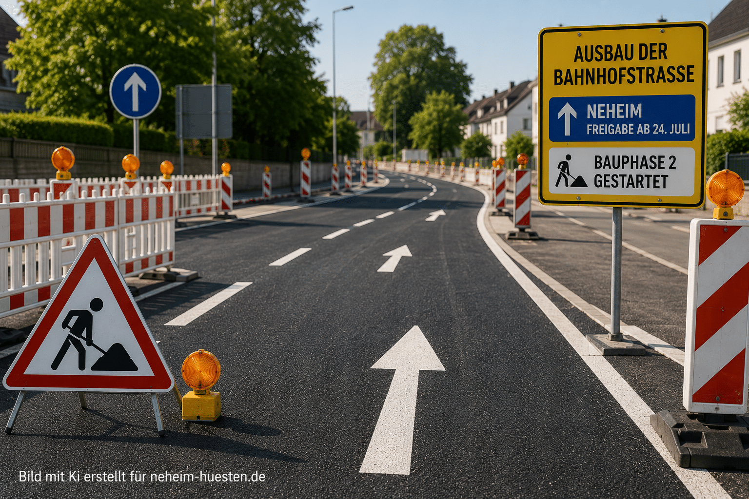 Frisch asphaltierte Straße mit neuen Fahrbahnmarkierungen, Baustellenabsperrungen und Hinweisschild zum Ausbau der Bahnhofstraße in Hüsten