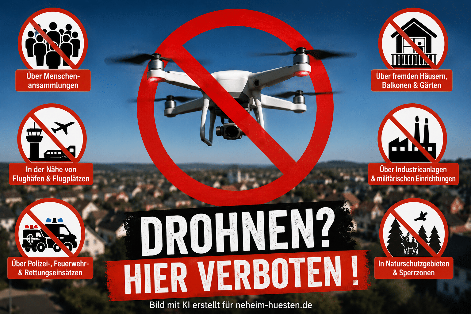 Kameradrohne über einem Wohngebiet mit Verbotssymbolen für Flüge über Menschenansammlungen, fremde Grundstücke, Einsatzorte, Flughäfen, Industrieanlagen und Naturschutzgebiete.