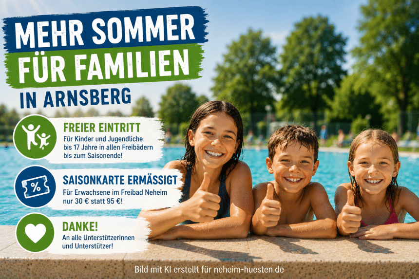 Drei Kinder am Beckenrand eines Freibads als Symbolbild für freien Eintritt bis 17 Jahre und die vergünstigte Saisonkarte im Freibad Neheim