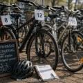 Symbolbild zur Fundrad-Versteigerung beim Zukunftsfest Schlabberkappes in Hüsten: Mehrere gut erhaltene Fahrräder mit Startnummern stehen zur Versteigerung bereit. Das Bild informiert über das Drahtesel-Dating am Samstag, 11. Juli, bei dem Besucher auf verschiedene Fundräder bieten können.