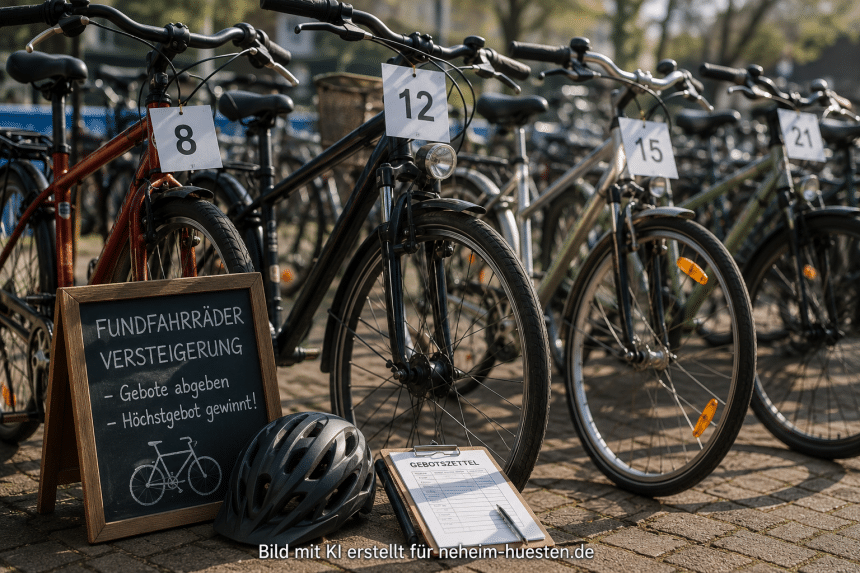Symbolbild zur Fundrad-Versteigerung beim Zukunftsfest Schlabberkappes in Hüsten: Mehrere gut erhaltene Fahrräder mit Startnummern stehen zur Versteigerung bereit. Das Bild informiert über das Drahtesel-Dating am Samstag, 11. Juli, bei dem Besucher auf verschiedene Fundräder bieten können.