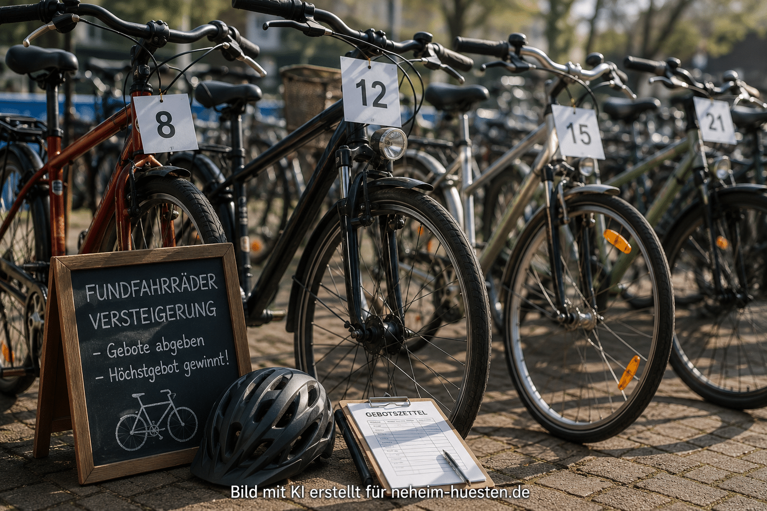 Symbolbild zur Fundrad-Versteigerung beim Zukunftsfest Schlabberkappes in Hüsten: Mehrere gut erhaltene Fahrräder mit Startnummern stehen zur Versteigerung bereit. Das Bild informiert über das Drahtesel-Dating am Samstag, 11. Juli, bei dem Besucher auf verschiedene Fundräder bieten können.
