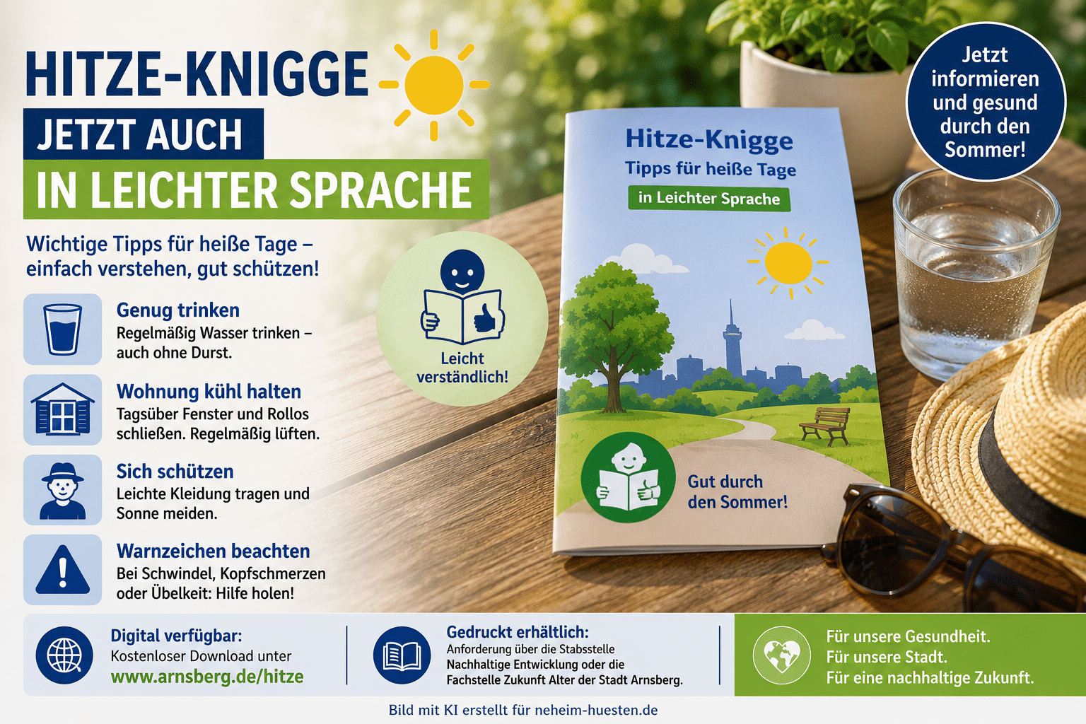 Symbolbild zum Hitze-Knigge der Stadt Arnsberg: Eine Broschüre „Hitze-Knigge in Leichter Sprache“ liegt neben einem Glas Wasser, Sonnenhut und Sonnenbrille. Das Bild weist auf leicht verständliche Tipps zum Schutz vor Hitze sowie die digitale und gedruckte Verfügbarkeit des Ratgebers hin.