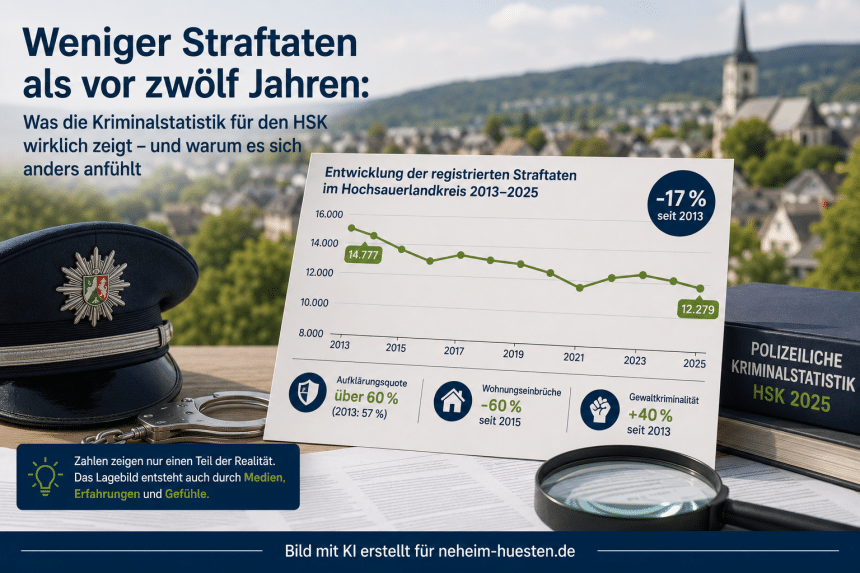 Symbolbild zur Kriminalstatistik im Hochsauerlandkreis: Eine Infografik zeigt den Rückgang registrierter Straftaten von 2013 bis 2025 sowie Hinweise zu Aufklärungsquote, Wohnungseinbrüchen und Gewaltkriminalität.