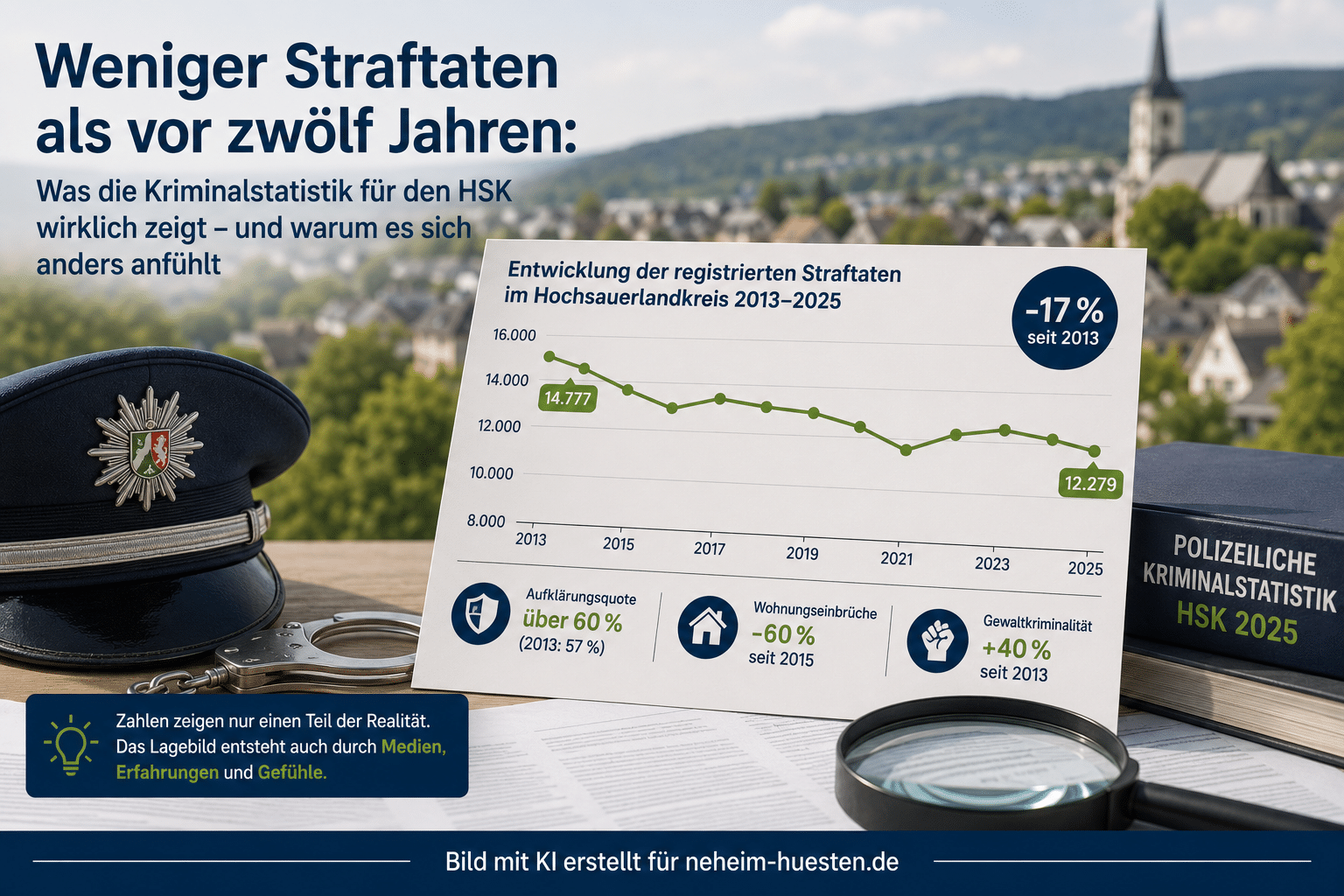 Symbolbild zur Kriminalstatistik im Hochsauerlandkreis: Eine Infografik zeigt den Rückgang registrierter Straftaten von 2013 bis 2025 sowie Hinweise zu Aufklärungsquote, Wohnungseinbrüchen und Gewaltkriminalität.