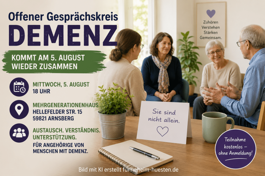 Symbolbild eines Gesprächskreises für Angehörige von Menschen mit Demenz mit Hinweisen zum Treffen am 5. August im Mehrgenerationenhaus Arnsberg