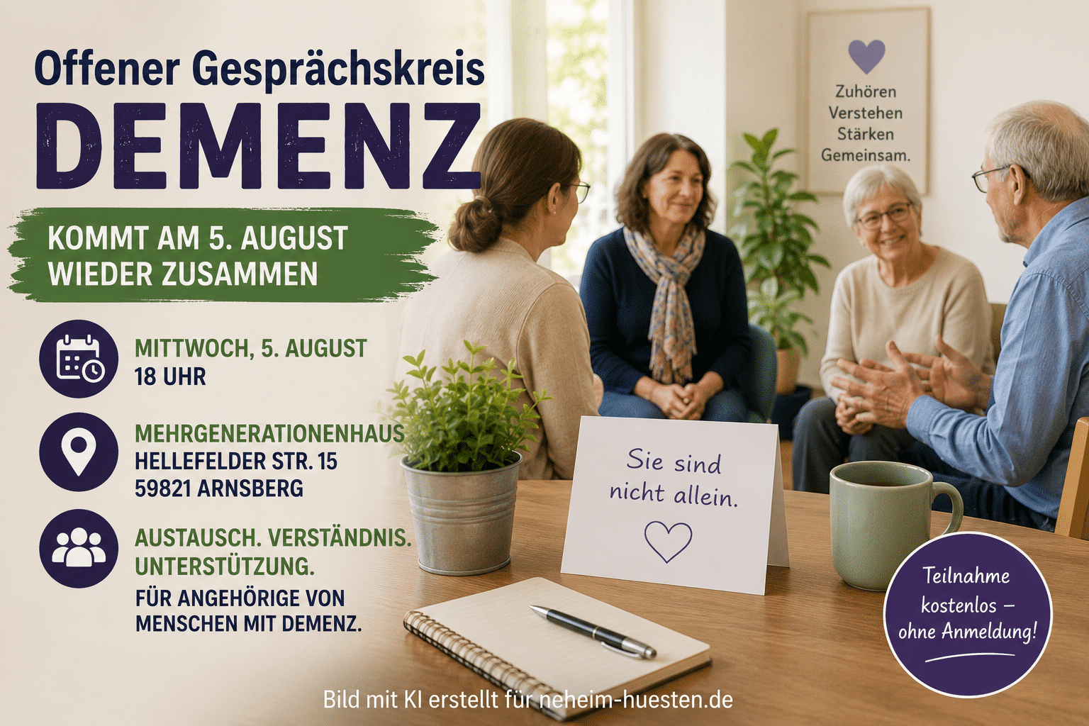 Symbolbild eines Gesprächskreises für Angehörige von Menschen mit Demenz mit Hinweisen zum Treffen am 5. August im Mehrgenerationenhaus Arnsberg