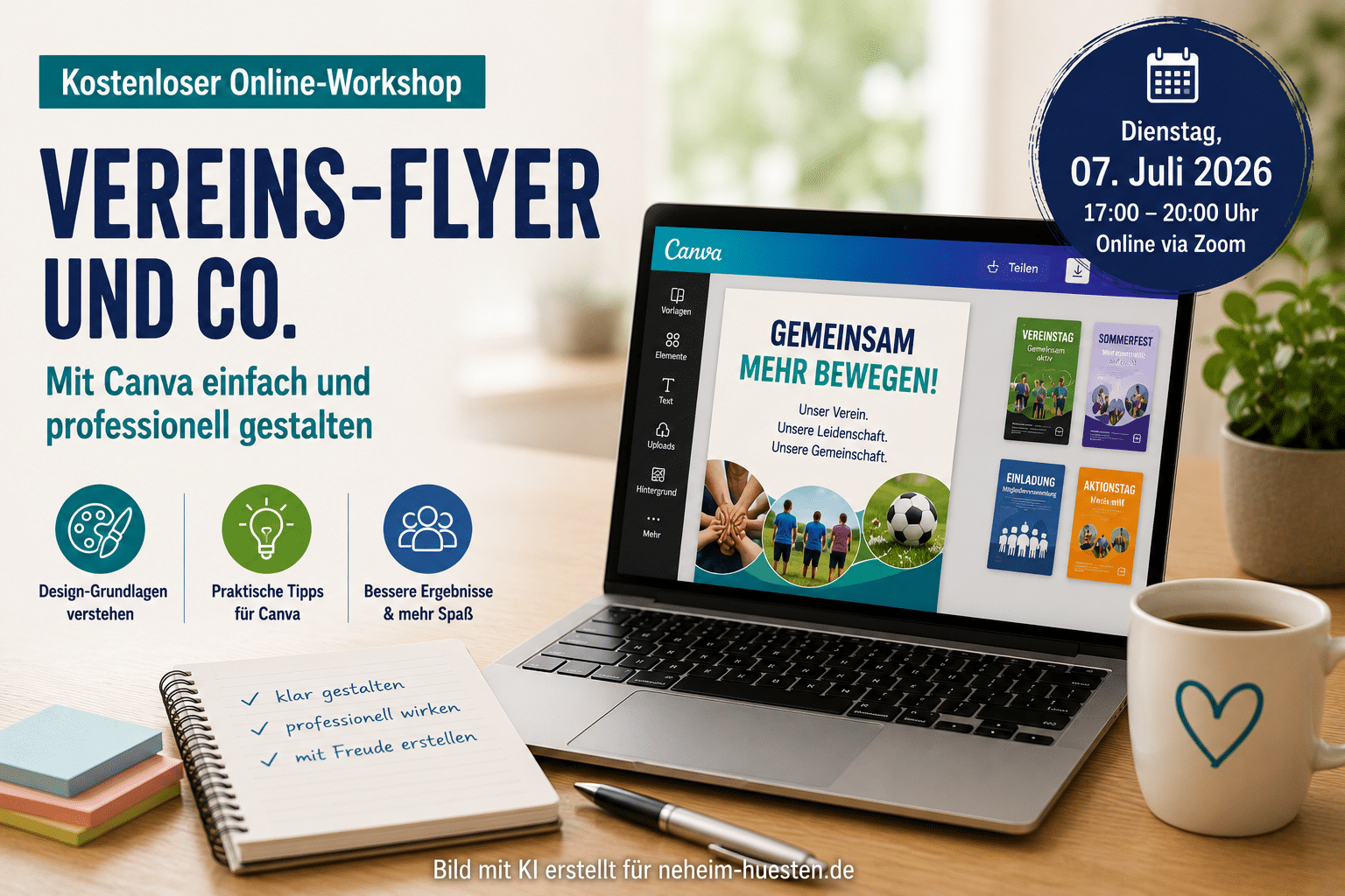 Symbolbild für einen kostenlosen Online-Workshop: Ein Laptop mit der Designplattform Canva steht auf einem Schreibtisch. Im Bild wird für einen Workshop zur professionellen Gestaltung von Vereinsflyern und anderen Materialien mit Canva am 7. Juli 2026 geworben.