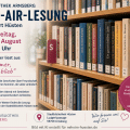 Symbolbild zur Open-Air-Lesung der Stadtbibliothek Arnsberg am Standort Hüsten: Ein Bücherregal mit markierten Buchreihen bildet den Hintergrund. Das Bild informiert über die Lesung mit Greta Herrlicher am Freitag, 7. August, um 19 Uhr.