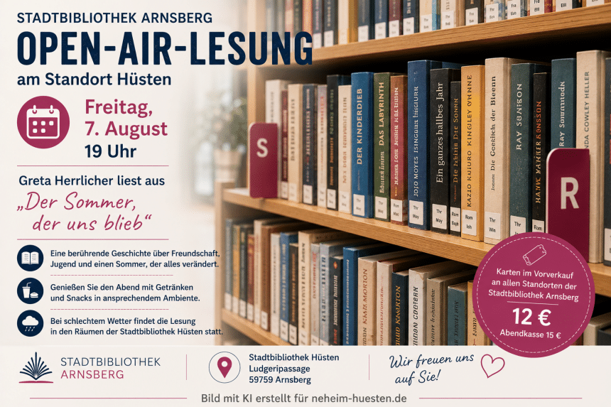 Symbolbild zur Open-Air-Lesung der Stadtbibliothek Arnsberg am Standort Hüsten: Ein Bücherregal mit markierten Buchreihen bildet den Hintergrund. Das Bild informiert über die Lesung mit Greta Herrlicher am Freitag, 7. August, um 19 Uhr.