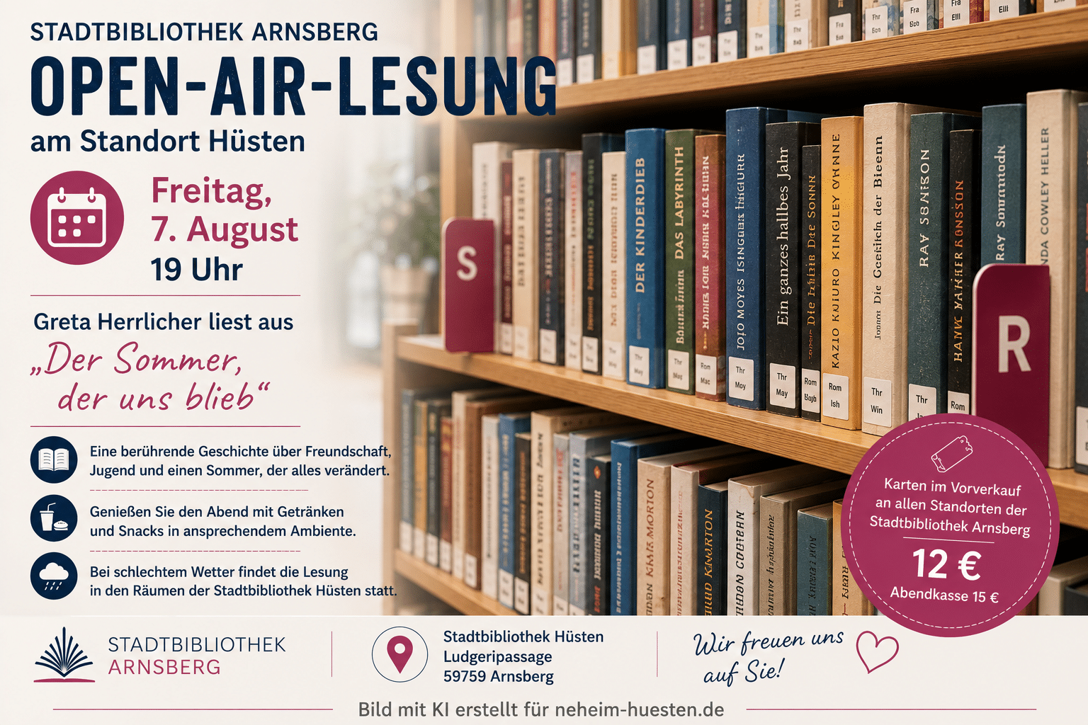 Symbolbild zur Open-Air-Lesung der Stadtbibliothek Arnsberg am Standort Hüsten: Ein Bücherregal mit markierten Buchreihen bildet den Hintergrund. Das Bild informiert über die Lesung mit Greta Herrlicher am Freitag, 7. August, um 19 Uhr.