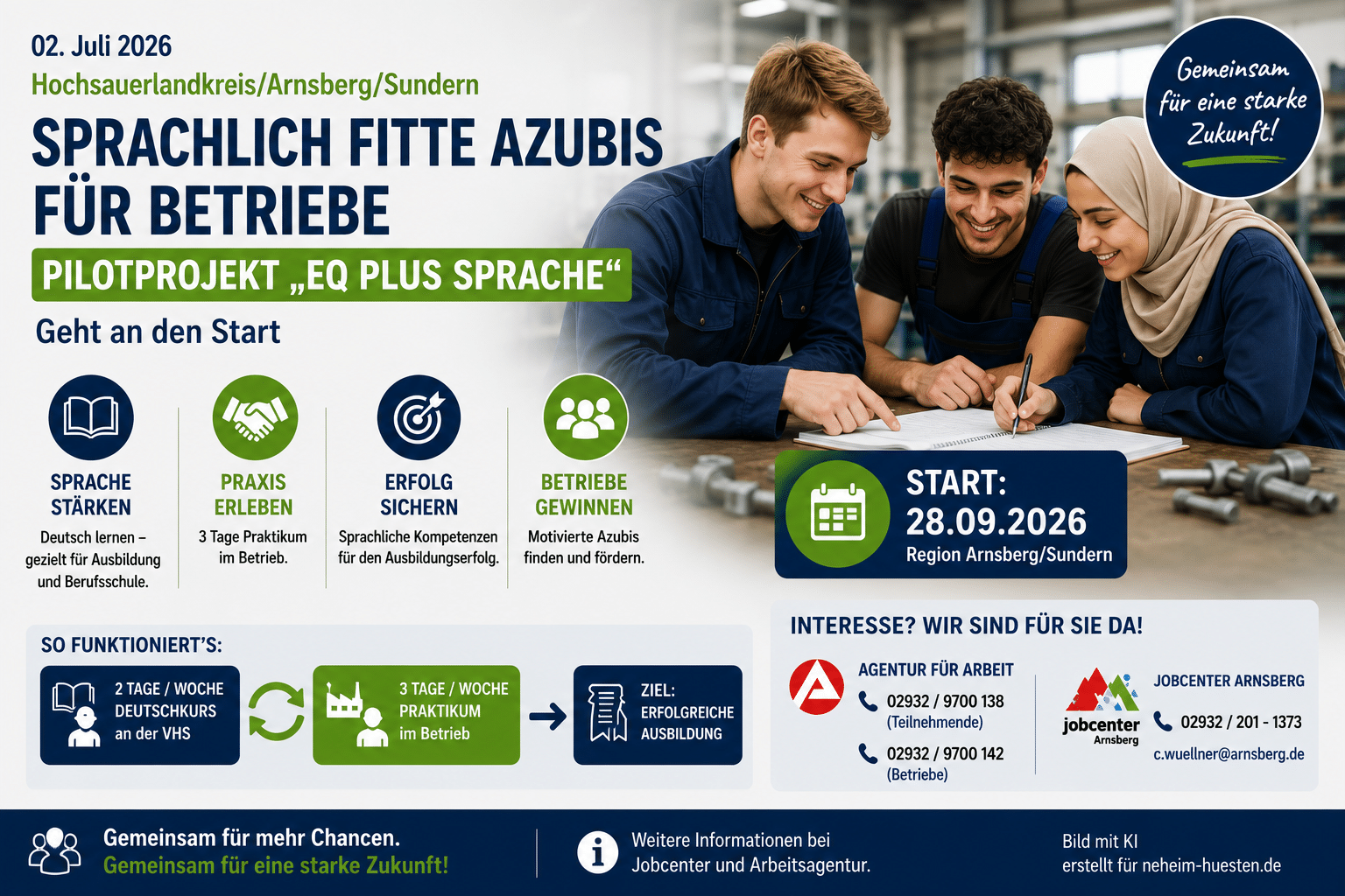 Symbolbild zum Pilotprojekt „EQ plus Sprache“: Drei angehende Auszubildende lernen gemeinsam in einem Betrieb. Das Bild informiert über die Kombination aus Sprachförderung und betrieblichem Praktikum zur Vorbereitung auf eine Ausbildung im Raum Arnsberg/Sundern ab dem 28. September 2026.