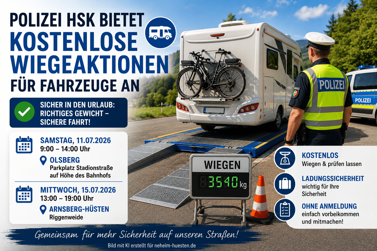 Symbolbild zur Wiegeaktion der Polizei Hochsauerlandkreis: Ein Wohnmobil steht auf einer Fahrzeugwaage, während ein Polizeibeamter die Kontrolle begleitet. Das Bild informiert über die kostenlosen Wiegeaktionen für Wohnmobile und Wohnwagen in Olsberg und Arnsberg-Hüsten vor den Sommerferien.
