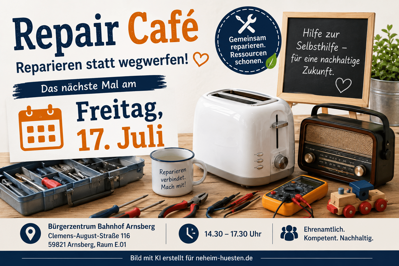 Symbolbild zum Repair Café in Arnsberg: Auf einer Werkbank stehen Werkzeuge, ein Toaster, ein altes Radio und Spielzeug. Das Bild weist auf den Termin am Freitag, 17. Juli, im Bürgerzentrum Bahnhof Arnsberg hin.