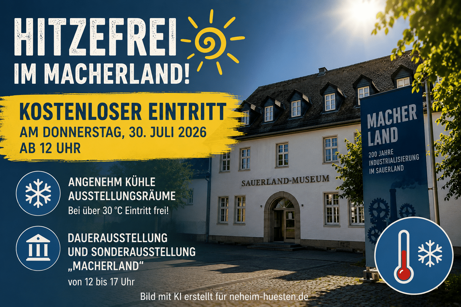 Sommerliches Artikelbild zum kostenlosen Eintritt ins Sauerland-Museum Arnsberg am 30. Juli 2026 von 12 bis 17 Uhr wegen großer Hitze.