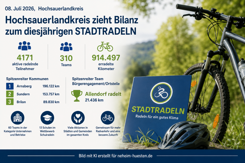 Symbolbild zur Bilanz des STADTRADELN 2026 im Hochsauerlandkreis: Ein Fahrrad und Fahrradhelm stehen vor einem grünen Hintergrund. Die Grafik zeigt die wichtigsten Ergebnisse der Aktion mit 4.171 Teilnehmenden, 310 Teams und 914.497 geradelten Kilometern sowie den Spitzenreitern Arnsberg, Sundern und Brilon.