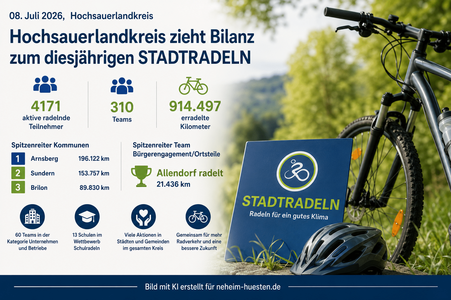 Symbolbild zur Bilanz des STADTRADELN 2026 im Hochsauerlandkreis: Ein Fahrrad und Fahrradhelm stehen vor einem grünen Hintergrund. Die Grafik zeigt die wichtigsten Ergebnisse der Aktion mit 4.171 Teilnehmenden, 310 Teams und 914.497 geradelten Kilometern sowie den Spitzenreitern Arnsberg, Sundern und Brilon.