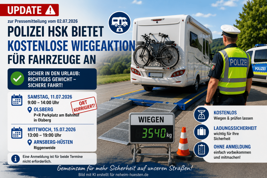 Symbolbild zur aktualisierten Mitteilung der Polizei Hochsauerlandkreis: Ein Wohnmobil steht auf einer Fahrzeugwaage, während ein Polizeibeamter die Wiegeaktion begleitet. Im Bild wird auf die Korrektur des Veranstaltungsortes in Olsberg (P+R-Parkplatz am Bahnhof) sowie auf die kostenlosen Wiegeaktionen für Wohnmobile und Wohnwagen in Olsberg und Arnsberg-Hüsten hingewiesen.
