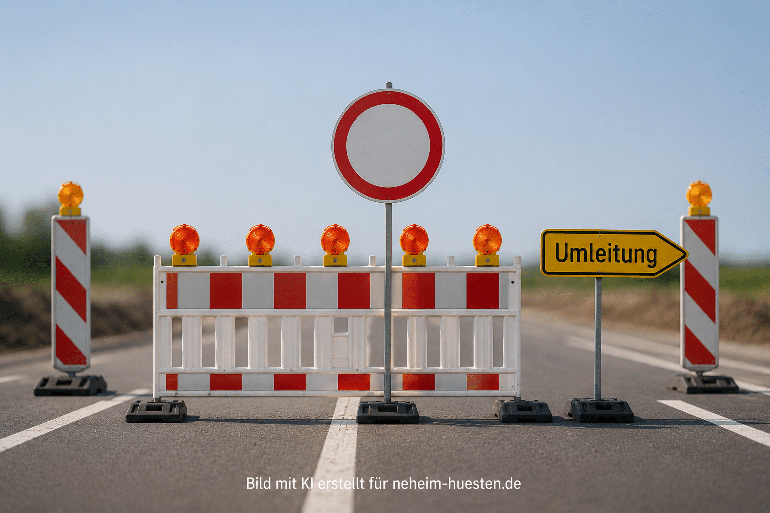 Straßensperrung mit Baustellenabsperrungen, Durchfahrt-verboten-Schild und Umleitungshinweis wegen Bauarbeiten in Bachum.