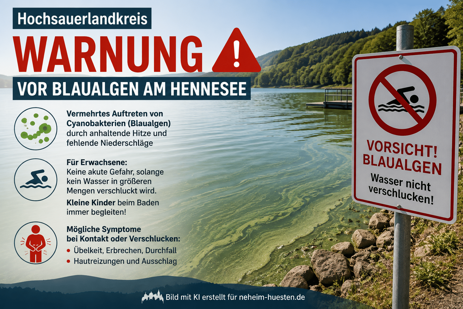 Symbolbild zur Blaualgenwarnung am Hennesee: Uferbereich mit grünlich verfärbtem Wasser, Warnschild und Hinweis auf Cyanobakterien sowie Vorsichtsmaßnahmen für Badegäste.