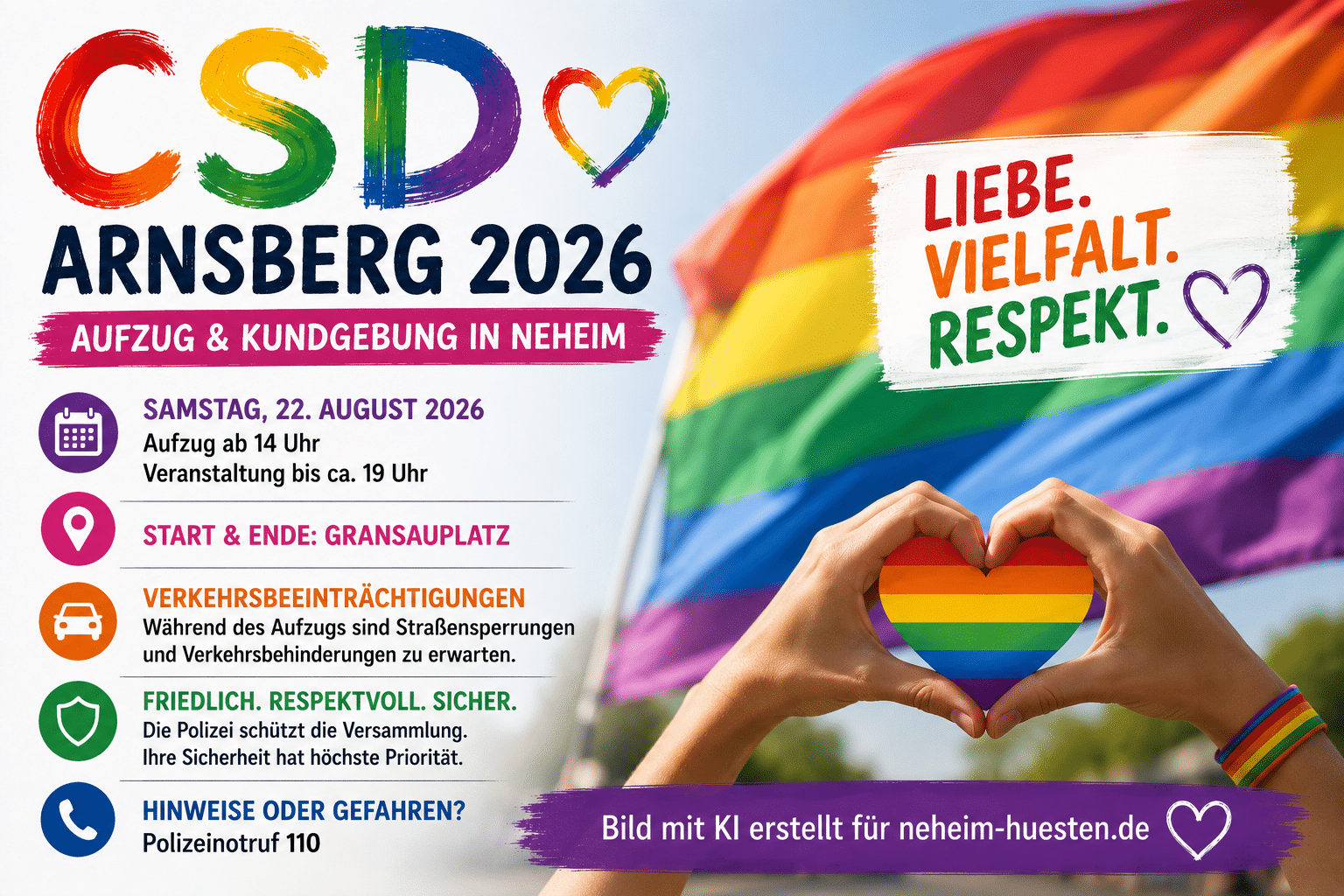 Artikelbild zum CSD Arnsberg 2026 in Neheim am 22. August mit Regenbogenmotiv, Start und Ende am Gransauplatz sowie Hinweis auf Verkehrsbehinderungen