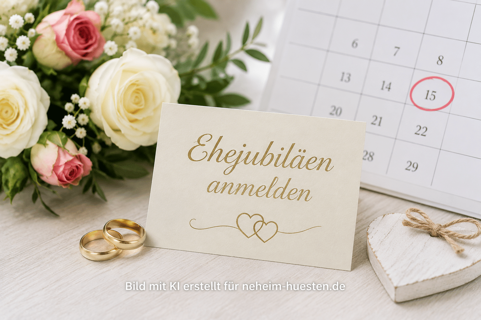 Symbolbild zur Anmeldung von Ehejubiläen in Arnsberg mit Eheringen, Rosen, Kalender und Hinweiskarte.
