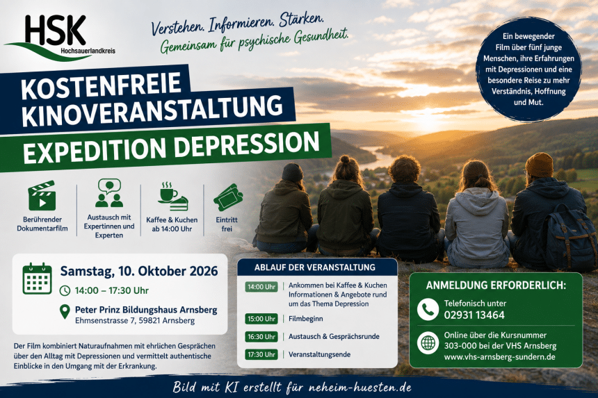 Artikelbild zur kostenfreien Kinoveranstaltung „Expedition Depression“ am 10. Oktober 2026 im Peter Prinz Bildungshaus Arnsberg mit fünf jungen Menschen vor einer Landschaft, HSK-Logo und Veranstaltungsinformationen.