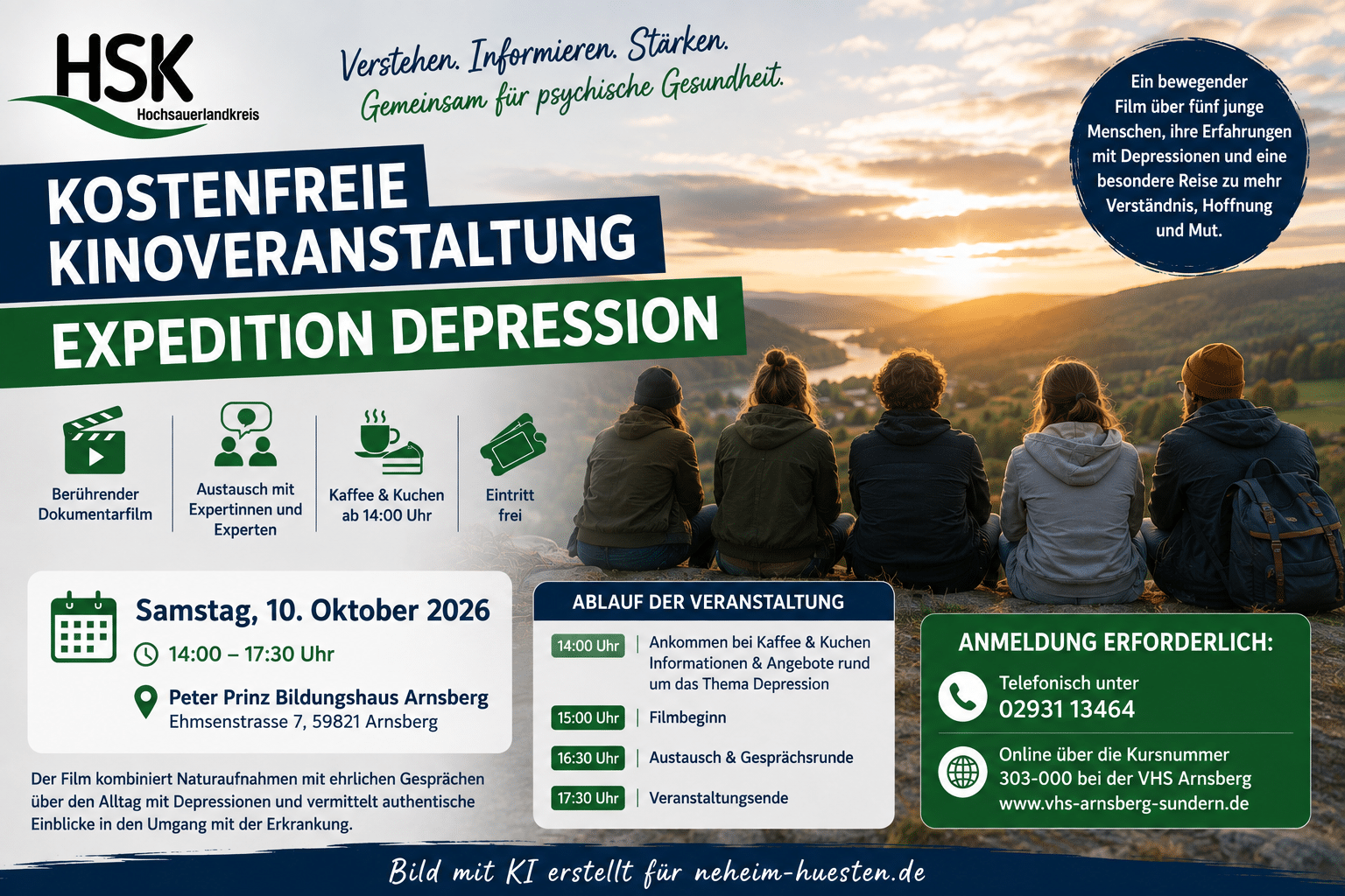 Artikelbild zur kostenfreien Kinoveranstaltung „Expedition Depression“ am 10. Oktober 2026 im Peter Prinz Bildungshaus Arnsberg mit fünf jungen Menschen vor einer Landschaft, HSK-Logo und Veranstaltungsinformationen.