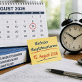 Symbolbild zum Hauptsteuertermin am 15. August 2026 in Arnsberg mit Kalender, Steuerunterlagen, Taschenrechner und Wecker.