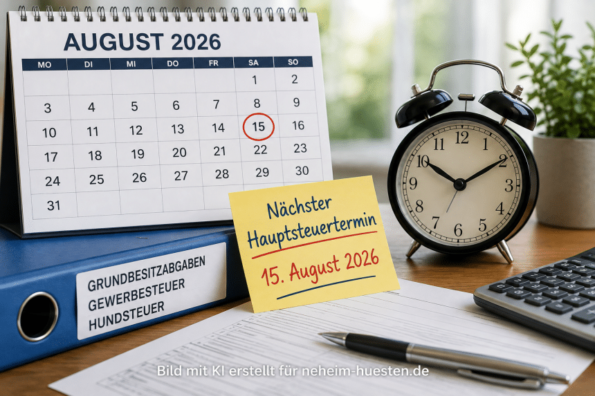 Symbolbild zum Hauptsteuertermin am 15. August 2026 in Arnsberg mit Kalender, Steuerunterlagen, Taschenrechner und Wecker.