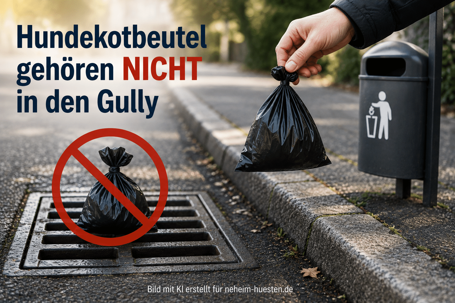 Symbolbild eines Straßen-Gullys mit Hundekotbeutel und Mülleimer. Die Stadtwerke Arnsberg weisen darauf hin, dass Hundekotbeutel nicht in Straßenabläufe, sondern in den Restmüll oder öffentliche Abfallbehälter gehören.