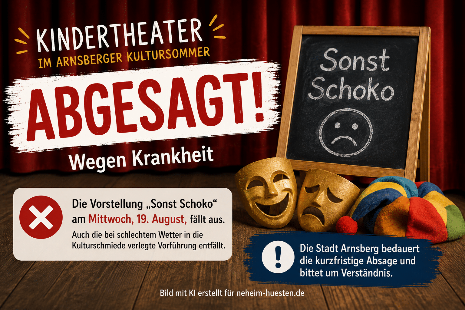 Artikelbild zur kurzfristigen Absage der Kindertheater-Vorstellung ‚Sonst Schoko‘ im Arnsberger Kultursommer am 19. August wegen Krankheit.