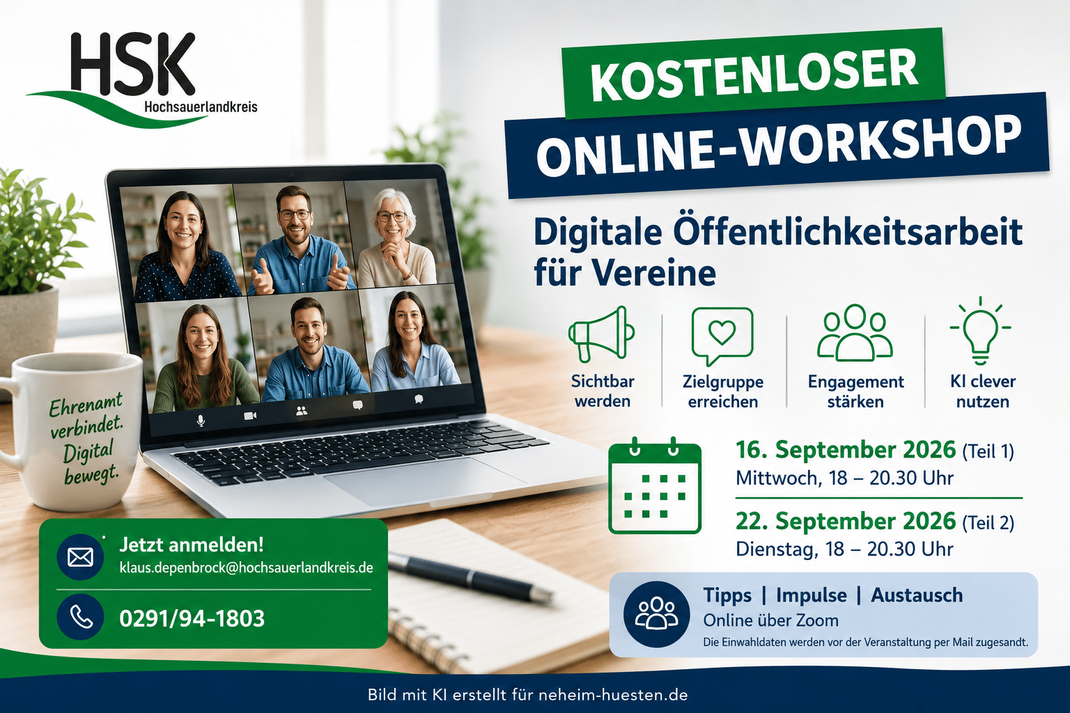 Artikelbild zum kostenlosen Online-Workshop des Hochsauerlandkreises zur digitalen Öffentlichkeitsarbeit für Vereine mit Laptop, Social-Media-Symbolen und HSK-Logo.