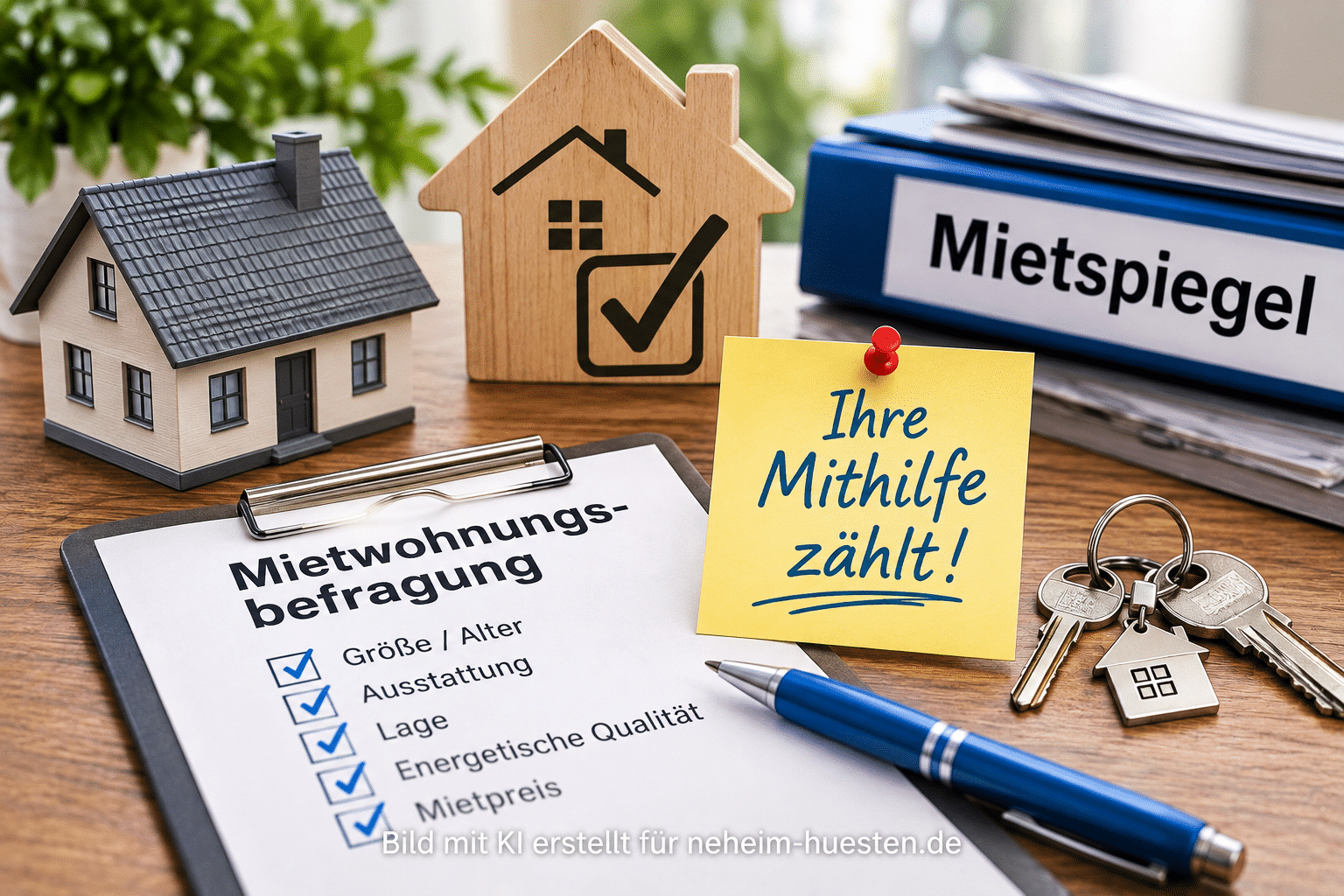 Symbolbild zur Mietspiegel-Befragung in Arnsberg mit Wohnhaus, Schlüsseln, Fragebogen und dem Hinweis „Ihre Mitwirkung zählt