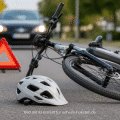 Symbolbild eines Pedelec-Unfalls mit umgestürztem E-Bike, Fahrradhelm und Warndreieck auf einer Straße