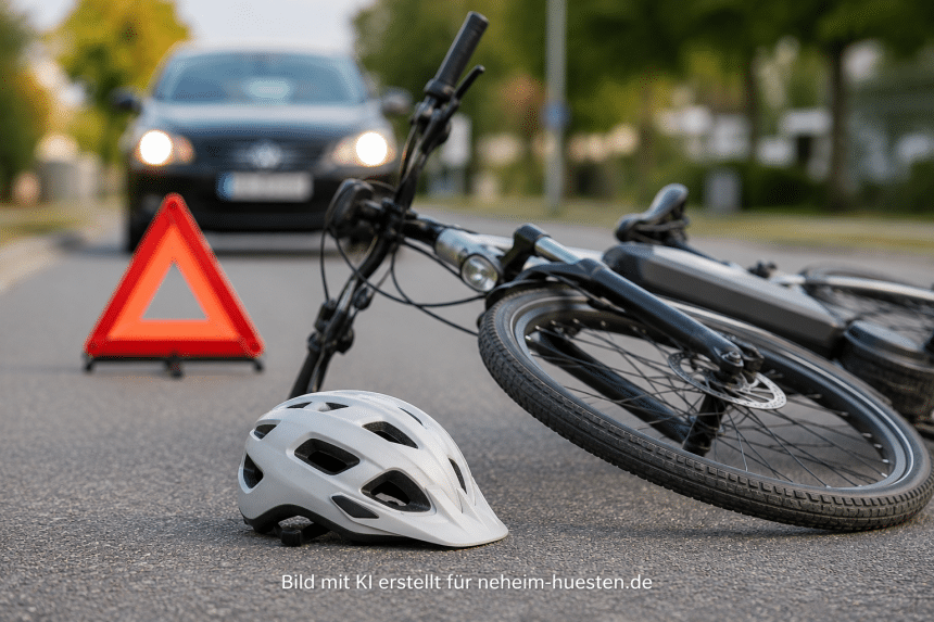 Symbolbild eines Pedelec-Unfalls mit umgestürztem E-Bike, Fahrradhelm und Warndreieck auf einer Straße