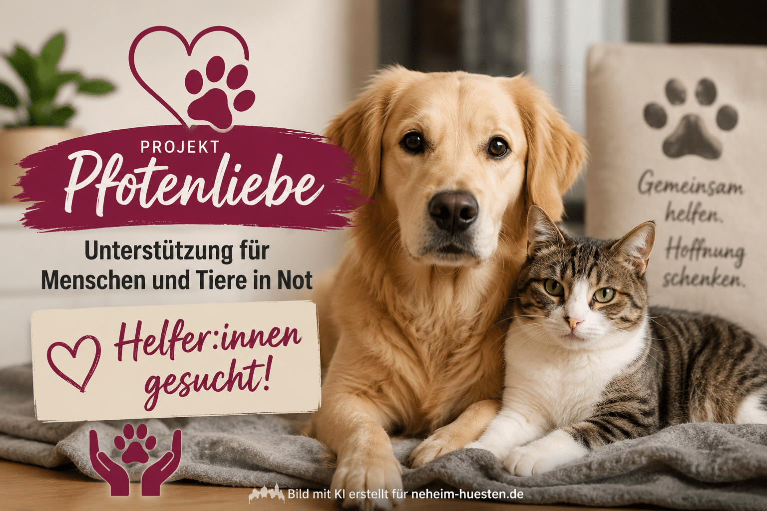 Symbolbild zum Projekt „Pfotenliebe“ der Stadt Arnsberg: Ein Hund und eine Katze stehen stellvertretend für die Betreuung von Haustieren in Notfällen und den Aufruf nach ehrenamtlichen Helferinnen und Helfern.