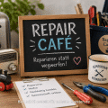 Symbolbild für das Repair Café in Arnsberg mit Werkzeug, Toaster, Radio und dem Hinweis „Reparieren statt wegwerfen“