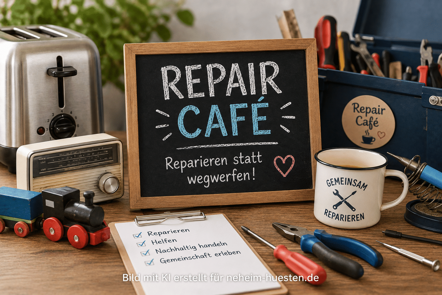 Symbolbild für das Repair Café in Arnsberg mit Werkzeug, Toaster, Radio und dem Hinweis „Reparieren statt wegwerfen“