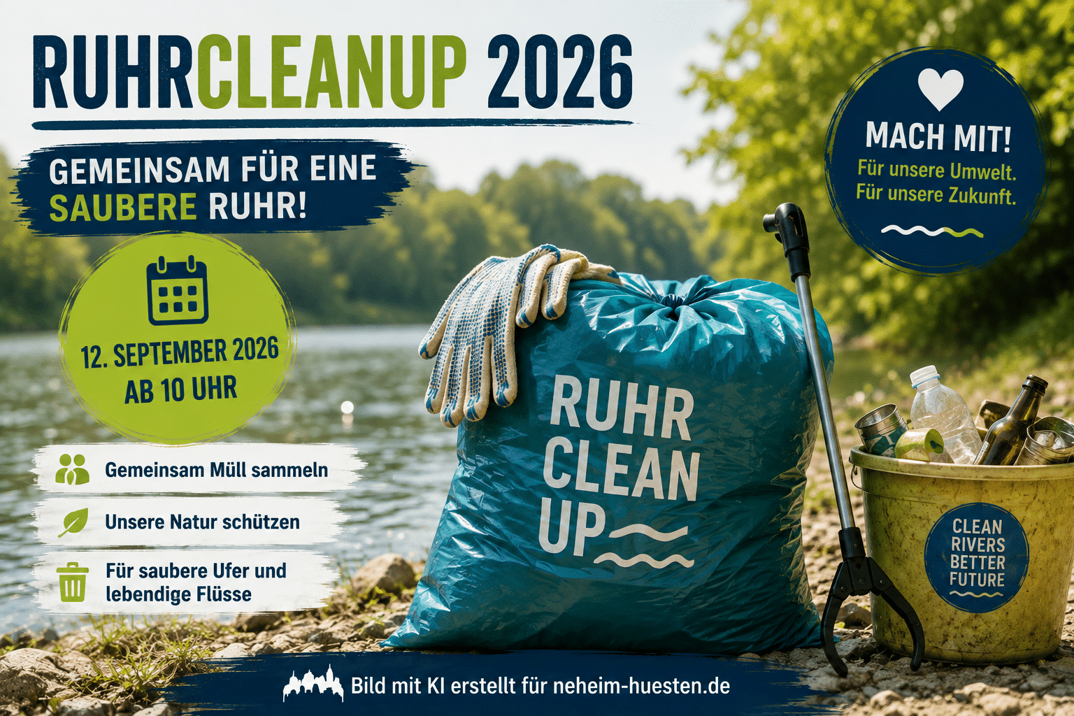 Symbolbild zum RuhrCleanUp 2026 in Arnsberg: Helferinnen und Helfer sammeln Müll am Ruhrufer mit Müllsäcken, Handschuhen und Greifzangen. Die Aktion findet am 12. September 2026 ab 10 Uhr statt.