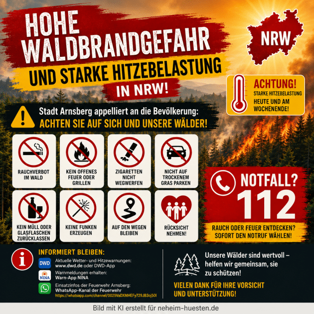 Plakatives Warnbild zu hoher Waldbrandgefahr und starker Hitzebelastung in NRW mit Verhaltensregeln, Waldbrand-Symbol und Notruf 112.