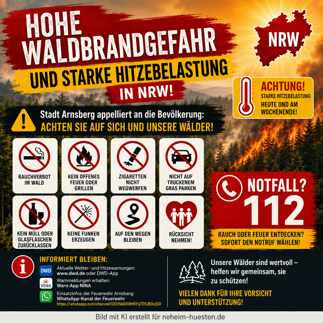 Plakatives Warnbild zu hoher Waldbrandgefahr und starker Hitzebelastung in NRW mit Verhaltensregeln, Waldbrand-Symbol und Notruf 112.