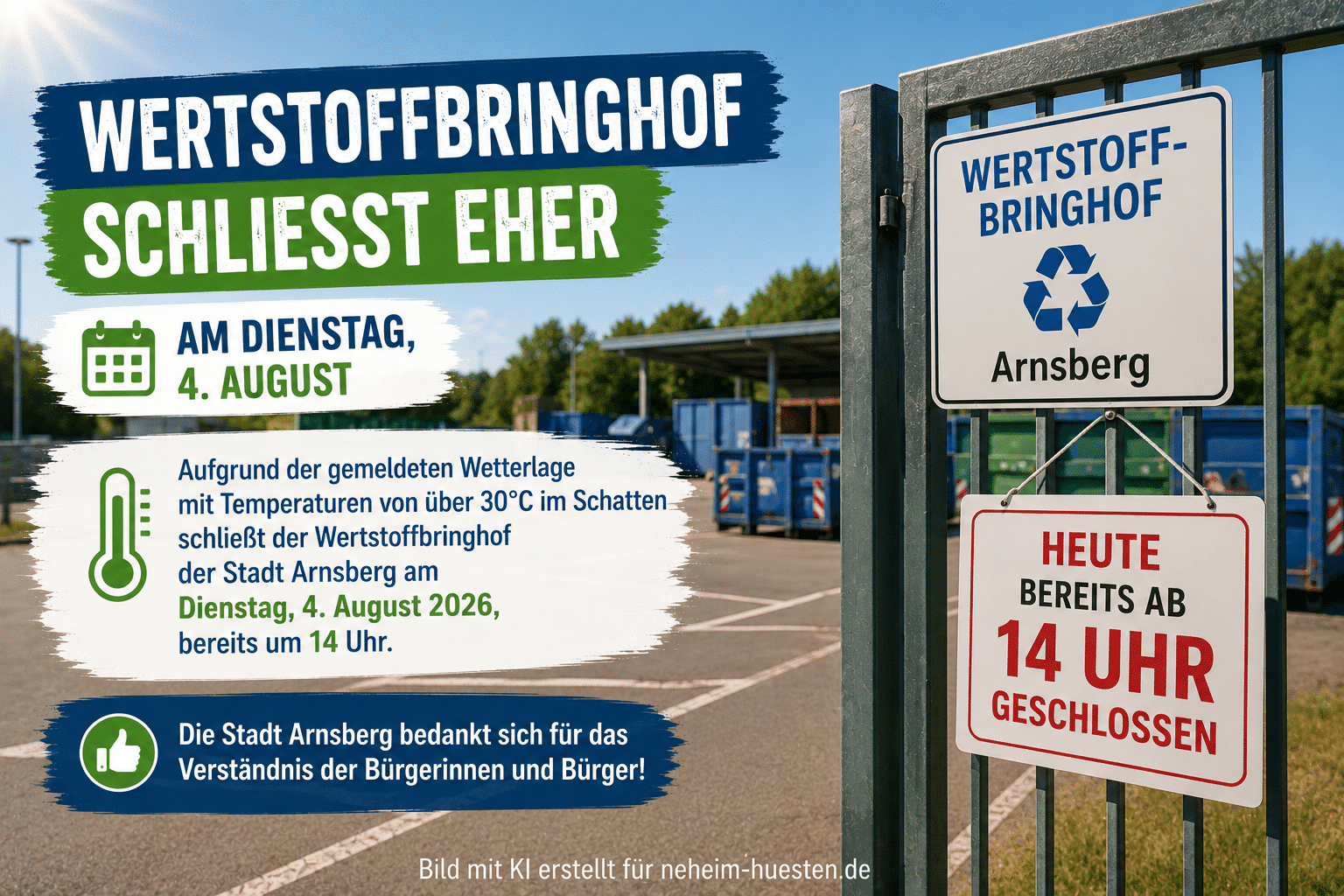 Symbolbild eines Wertstoffbringhofs mit Hinweisschild zur vorzeitigen Schließung am 4. August 2026 um 14 Uhr aufgrund der angekündigten Hitze.