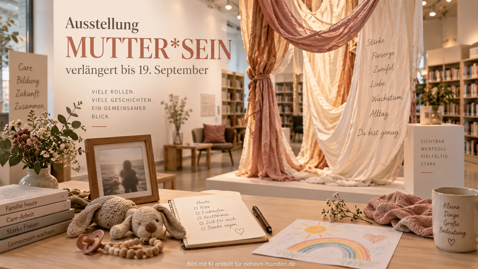 Artikelbild zur verlängerten Ausstellung ‚MUTTER*SEIN‘ in der Stadtbibliothek Neheim mit Textilinstallation, Alltagsgegenständen und warm gestalteter Ausstellungsatmosphäre
