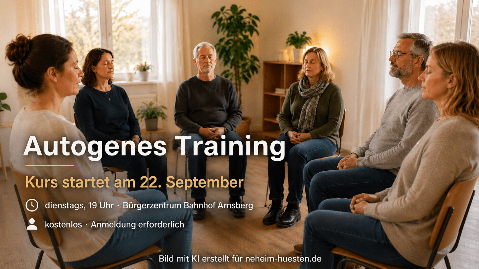 Teilnehmende sitzen bei einem Kurs zum autogenen Training im Stuhlkreis; Kursstart am 22. September im Bürgerzentrum Bahnhof Arnsberg.