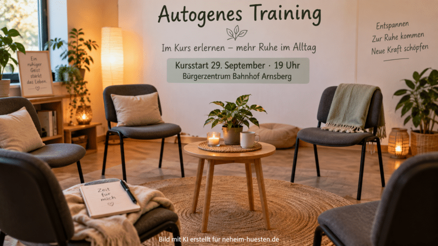Artikelbild zum Kurs Autogenes Training in Arnsberg mit ruhigem Stuhlkreis und Hinweis auf den Kursstart am 29. September um 19 Uhr im Bürgerzentrum Bahnhof Arnsberg.