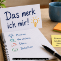 Artikelbild zum Kurs ‚Das merk ich mir‘ in Arnsberg mit Notizbuch, Merkhilfen und Symbolen für Gedächtnis und Konzentration.