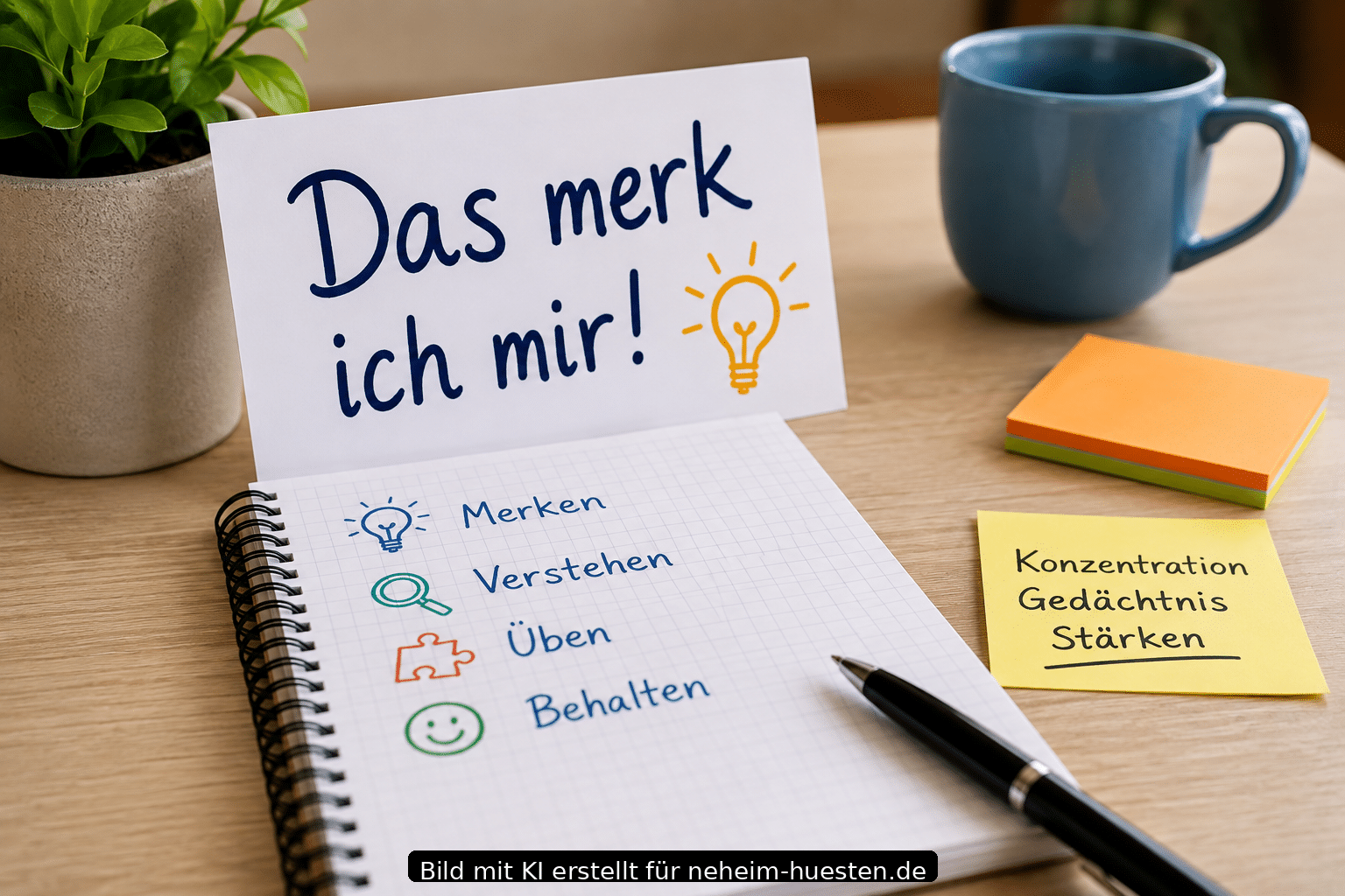 Artikelbild zum Kurs ‚Das merk ich mir‘ in Arnsberg mit Notizbuch, Merkhilfen und Symbolen für Gedächtnis und Konzentration.