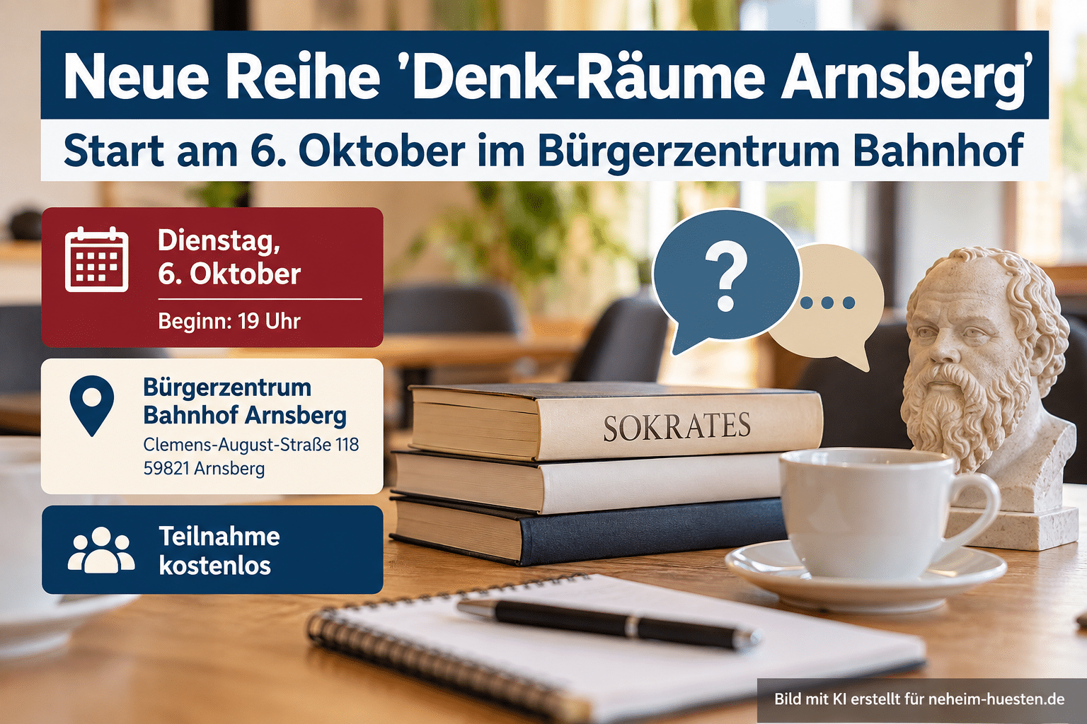 Artikelbild zur neuen Veranstaltungsreihe ‚Denk-Räume Arnsberg‘ am 6. Oktober im Bürgerzentrum Bahnhof Arnsberg mit Symbolen für Gespräch und Philosophie sowie Hinweisen zu Termin, Ort und kostenfreier Teilnahme.