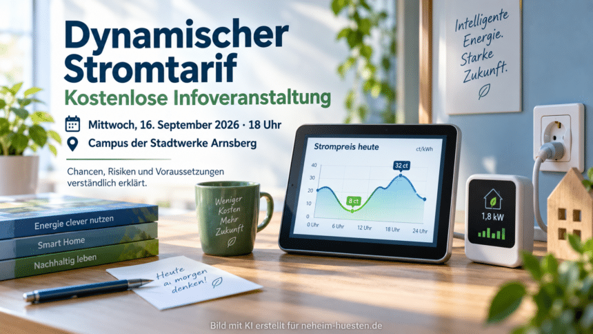 Artikelbild zur Infoveranstaltung der Stadtwerke Arnsberg über dynamische Stromtarife am 16. September 2026 mit Display, Strompreiskurve und Smart-Home-Symbolen.